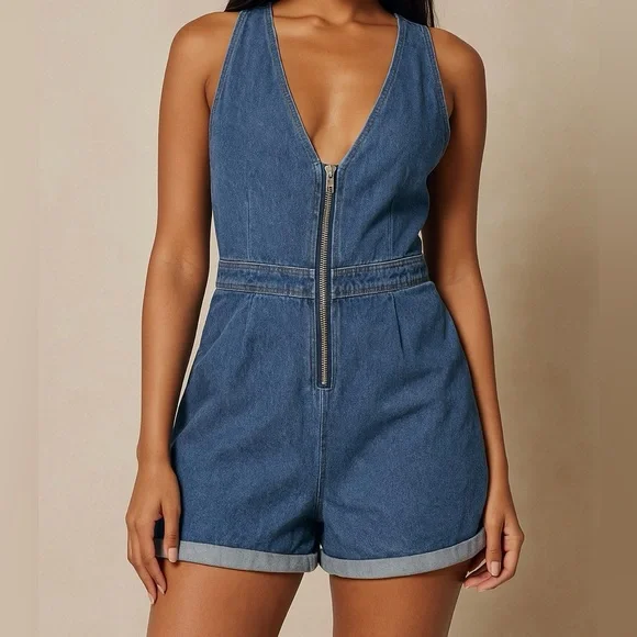 Denim Sleeveless Jumpsuit - Picture 1 of 9